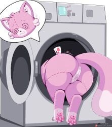 absurd_res after_sex animate_inanimate appliance ass big_butt bodily_fluids cloudeon cotton_cat_(cloudeon) cum cum_in_vagina cum_inside domestic_cat felid feline felis female feral genital_fluids hi_res laundry_machine leaking_cum living_plushie mammal pawpads pink_body plushie rear_view solo spiral spiral_eyes tail unconscious washing_machine