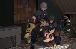 2boys absurdres bicycle black_gloves black_thighhighs blonde_hair burnice_white commentary_request cum cum_on_ass cum_on_body female fingerless_gloves gloves green_hair grey_hair group_sex hanazawa_suou high_heels highres implied_fellatio kneeling mmf_threesome motor_vehicle motorcycle multiple_boys straight thighhighs threesome twintails zenless_zone_zero