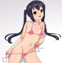 azusa_nakano_(k-on!) bikini black_hair erect_nipples female female_only human human_only k-on! micro_bikini mine_(peak) nipples pointy_chin pussy see-through side-tie_bikini solo swimsuit tied_hair twintails uncensored undressing