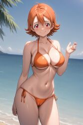 sora_takenouchi digimon digimon_adventure digimon_adventure_tri. rena_aikawa_(pixiv_user) ai_generated stable_diffusion pixiv 1girl breasts swimsuit bikini solo orange_bikini outdoors navel smile short_hair red_eyes looking_at_viewer large_breasts side-tie_bikini_bottom beach blush ocean cameltoe collarbone orange_hair day cleavage closed_mouth sky stomach halterneck hand_up string_bikini cowboy_shot ahoge standing hair_between_eyes blue_sky wet arm_behind_back bare_shoulders thighs water bare_arms horizon cloud underboob sweat skindentation tree groin palm_tree brown_hair palm_leaf
