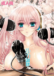 breasts censored cum female hairjob large_breasts long_hair male megurine_luka microphone nipples paizuri penis pink_hair puffy_nipples riria straight vocaloid