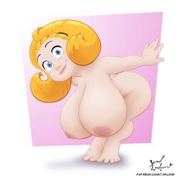 areolae big_breasts blonde_hair blue_eyes breasts busty daisy_(jklind) eyelashes female female_focus female_only hourglass_figure huge_breasts human jklind large_breasts leaning_forward long_hair navel nipples nude pinup pose posing shortstack solo standing thick_thighs wide_hips