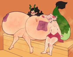 2026 absurd_res big_breasts big_tail blush bodily_fluids breast_squish breasts bulge dragon_tail duo eldiipiid erection face_on_breast feet female femboy hair hand_on_breast hi_res huge_breasts huge_tail humanoid hyper long_hair male male/female nipple_outline pillow_shading rabbit_ears simple_background sitting size_difference squish sweat tail towel