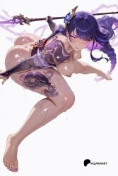 ai_generated arm_tattoo ass barefoot breasts chest_tattoo dripping electricity engulfing_lightning_(genshin_impact) feet fighting_stance foreshortening genshin_impact glowing_eyes irezumi kimono lightning mizaraiart nail_polish nipples off_shoulder partially_nude polearm puffy_nipples purple_nails pussy pussy_juice raiden_shogun shiny_skin spread_legs squatting tagme toenail_polish toes wet