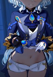 ai_generated belly belly_button exposed_belly exposed_torso furina_(genshin_impact) genshin_impact hips lifting_shirt midriff navel shorts smile tummy waist white_hair yngg224556