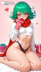 1girls 2026 ai_assisted ai_generated anime artist_name blush box breasts bust chocolate explicit gift gift_box green_eyes green_hair happy_valentine heart-shaped_chocolate hi_res high_quality high_resolution highres navel one-punch_man patreon patreon_username ribbed_sweater scarf skypassion solo stable_diffusion sweater sweater_lift tatsumaki valentine valentine's_day watermark white_day white_sweater