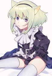 1boy androgynous bob_cut bulge bulge_under_clothes cat_boy cat_ears cat_tail crossdressing dress_lift femboy femboy_only lio_fotia maid maid_headdress maid_outfit maid_uniform petite petite_body petite_male promare short_hair skirt_lift slim slim_male slim_waist solo stockings thighhighs twink