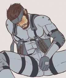 1boy abs bandana bara beard blush bodily_fluids bulge closed_eyes clothed cum_through_clothes erect_penis erection erection_under_clothes facial_hair feet_out_of_frame fully_clothed gloved headband holding_ass human magnum_feering male male_only masturbation metal_gear muscles muscles_through_clothes muscular muscular_male older_male six_pack skin_tight solid_snake solo solo_male spread_legs stain stained_clothes sweat sweatdrop white_background