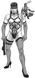 bondage crossdressing dildo femdom high_heels human iroquois_pliskin konami male male_only manly_crossdresser metal_gear metal_gear_solid monochrome nipples shoes solid_snake solo squat squatting thighhighs what whip