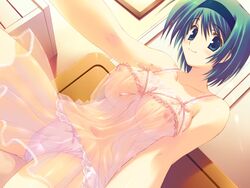 :3 blue_eyes blush breasts chemise game_cg green_hair hairband large_breasts midriff mitsumi_misato navel negligee panties see-through to_heart_(series) to_heart_2 to_heart_2_another_days underwear yoshioka_chie