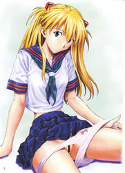 asuka_langley_sohryu blonde_hair blue_eyes censored clothing female hair izurumi long_hair looking_at_viewer neon_genesis_evangelion page_3 panties posing school_uniform skirt