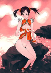 bottomless breasts female female_only g-room_honten human ling_xiaoyu skirt skirt_lift solo tekken tekken_3 tekken_4 tekken_5_dark_resurrection tekken_tag_tournament tied_hair twintails