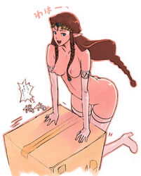 blue_eyes bottomless box breasts brown_hair cardboard_box crossover g-room_honten gloves long_hair metal_gear metal_gear_solid nintendo pointy_ears princess_zelda simple_background solid_snake straight_hair super_smash_bros. super_smash_bros._brawl the_legend_of_zelda thighhighs tiara twilight_princess white_background zelda_(twilight_princess)