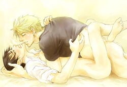 2boys anal artist_request barefoot black_hair blonde_hair bottomless closed_eyes fullmetal_alchemist gay jean_havoc male male/male male_only multiple_boys on_back open_clothes open_shirt panting roy_mustang sex shirt white_shirt yaoi