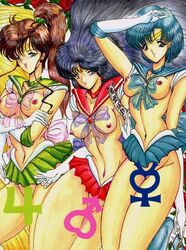 1990s 1994 20th_century 3girls ami_mizuno aoki_reimu big_breasts bishoujo_senshi_sailor_moon black_hair blue_hair breasts brown_hair brunette censored choker circlet elbow_gloves female female_only gloves jupiter_symbol makoto_kino mars_symbol mercury_symbol miniskirt multiple_girls nipples novelty_censor ponytail rei_hino sailor_jupiter sailor_mars sailor_mercury tagme thick_thighs tied_hair