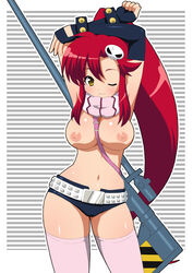 1girls breasts elbow_gloves female fingerless_gloves gloves gun hair highres hotpants large_breasts long_hair nipples ponytail red_hair rifle scarf shishimaru_ken'ya short_shorts shorts tengen_toppa_gurren_lagann thighhighs tied_hair topless weapon wink yellow_eyes yoko_littner