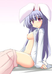 1girls animal_ear breasts bunny_ear female kugui_kiyunemu open_shirt panties reisen_udongein_inaba skirt_around_one_leg skirt_removed solo touhou white_panties