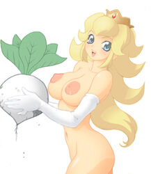 areola areolae blonde_hair blue_eyes color crown elbow_gloves female female_only gloves hair hat holding huge_nipples human large_areolae long_hair looking_at_viewer mario_(series) navel nintendo nipples nude open_eyes open_mouth princess_peach side_view simple_background solo straight_hair super_mario_bros._2 turnip white_background yuki_yanagi