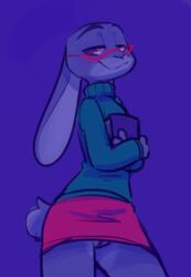 2019 anthro blush book clothed clothing disney eyewear female fuel_(artist) glasses half-closed_eyes holding_object lagomorph leporid looking_at_viewer mammal no_panties no_underwear purple_background pussy rabbit simple_background skirt smile solo sweater topwear upskirt violet_hopps_(zootopia) zootopia