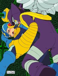 2005 2boys ass blush bodysuit clothed elecman.exe gay helmet jace_moore leg_grab male male_only mega_man mega_man_battle_network megaman.exe yaoi