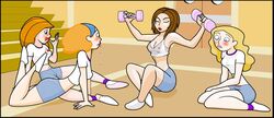 4girls ankle_socks anklehighs bike_shorts bonnie_rockwaller clothing disney disney_channel ethica female female_only human kim_possible kimberly_ann_possible liz_(kim_possible) multiple_females multiple_girls nipples nosebleed purple_socks socks straight_hair tara_(kim_possible) weightlifting weights workout