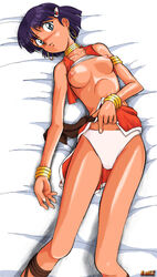 1990s 1999 1girls 20th_century bandeau blue_eyes blush bracelet breasts curvaceous dark-skinned_female dark_skin earrings female fushigi_no_umi_no_nadia gainax human jewelry kou_(rall2) large_breasts loincloth lying nadia_la_arwall neck_ring nipples on_back panties princess purple_hair shirt_lift short_hair solo top_lift tubetop underwear vest white_background white_panties