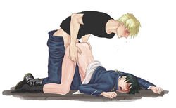 2boys anal artist_request blush boots bottomless clothed doggy_style drool footwear fullmetal_alchemist gay human jean_havoc male male/male male_only multiple_boys partially_clothed roy_mustang saliva scream socks sweat tears top-down_bottom-up uniform yaoi