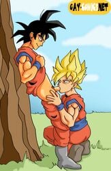 2boys black_hair black_hole_sun blonde_hair clothed clothed_sex dragon_ball dragon_ball_z fellatio gay gay-comics.net male male_only oral oral_sex outdoors pants_down selfcest son_goku squatting straight_hair yaoi