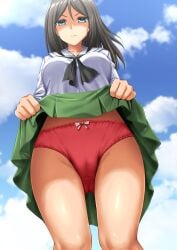 1girls absurdres black_hair black_neckerchief blouse blue_eyes blue_sky bow bow_panties closed_mouth cloud cloudy_sky commentary_request commission crotch_seam day female female_only from_below frown girls_und_panzer glaring green_skirt half-closed_eyes highres lifted_by_self long_hair long_sleeves looking_at_viewer miniskirt neckerchief nonna_(girls_und_panzer) ooarai_school_uniform outdoors panties partial_commentary pleated_skirt red_panties sailor_collar school_uniform serafuku shirt skeb_commission skirt sky solo standing swept_bangs underwear white_sailor_collar white_shirt zanntetu