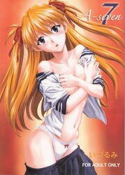 asuka_langley_sohryu blue_eyes blush bow bow_panties breasts cleavage clothes clothing covering_breasts doujinshi female female_only hair highres human izurumi long_hair neon_genesis_evangelion open_clothes open_shirt orange_hair panties posing school_uniform shirt skirt solo tied_hair twintails underwear white_panties