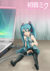 blue_eyes blue_hair computer female hatsune_miku laptop long_hair no_panties skirt skirt_lift thighhighs tied_hair twintails usb vocaloid