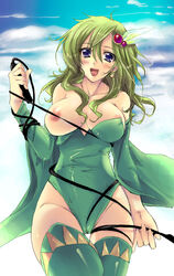 1girls blush breasts cameltoe detached_sleeves female female_only final_fantasy final_fantasy_iv flieger green_hair hips human nipple_slip nipples one_breast_out purple_eyes rydia solo thighhighs whip wide_hips