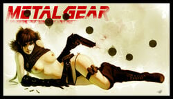 artist_request boots breasts dog_tags elbow_gloves female female_only gloves gun human meryl_silverburgh metal_gear metal_gear_solid nipples no_bra pistol red_hair shirt_lift solo weapon