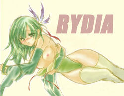 blush breasts character_name detached_sleeves female female_only final_fantasy final_fantasy_iv green_eyes green_hair hair_ornament human lowres lying nipples no_bra rydia solo thighhighs