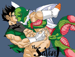 2boys bald black_hair boner clothes color cum dragon_ball dragon_ball_z erection green_skin hair handjob insertion interspecies male male_only multiple_males namekian penis piccolo sex son_gohan the_savant yaoi