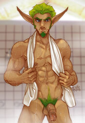 1boy 2005 jak jak_and_daxter looking_at_viewer male male_only penis pointy_ears shower solo tagme towel towel_around_neck trip_(artist) video_games