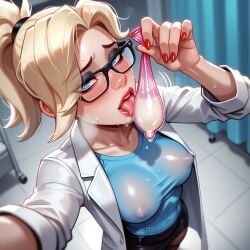 1girl ai_generated blonde blonde-haired_female blonde_hair blue_eyes breasts breath clothed clothed_female collarbone doctor eyebrows eyelashes eyewear falewii female female_focus female_only filled_condom full_condom holding holding_object holding_used_condom horny horny_female hospital hot hot_breath indoors labcoat laboratory licking licking_condom lips lipstick looking_at_viewer medium_breasts mercy nipples_visible_through_clothing overwatch pantyhose red_nail_polish red_nails see-through see-through_clothes see-through_clothing self_upload selfie skirt slutty_female solo solo_female standing sweat sweatdrop sweating tongue tongue_out used_condom
