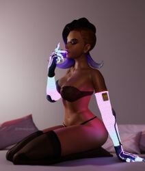 1girls 3d alternate_version_at_source beauty_mark big_breasts blizzard_entertainment bra breasts dark-skinned_female dark_skin female female_only lace-trimmed_bra latina nipple_bulge nipples nipples_visible_through_clothing overwatch solo sombra vexonair