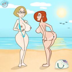 2girls ann_possible areola beach blue_eyes breast_grab breast_lift breasts_out brown_hair curvy cyan_eyes disney disney_channel erect_nipples eyewear female female_only hips huge_breasts huge_nipples human kim_possible lips milf mrs._stoppable multiple_females multiple_girls nipples no_bra orange_hair pale_skin perky_breasts short_hair sideboob sling_bikini sling_bikini_aside smile straight_hair thick_thighs thong whargleblargle wide_hips