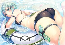 1girls asada_shino big_butt bikini blue_hair blush breasts butt cameltoe firearm goggles green_eyes green_hair gun gun_gale_online handgun hinasaki short_hair sinon solo swim_ring swimsuit sword_art_online sword_art_online:_phantom_bullet water weapon wet