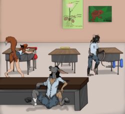 anthro canine donkey equine female fox fur furry human mammal pussy rat rodent school school_desk table tobi_(artist) transformation young