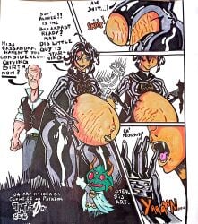 alfred_pennyworth amazonrider asian asian_female batgirl batgirl_(cassandra_cain) batman_(series) belly_button belly_slapping big_ass big_belly cassandra_cain comic_page dc_comics exposed_belly fangs latex latex_clothing latex_suit outie_navel pregnant pregnant_belly pregnant_female slap slapping_belly small_breasts smiling strech_marks thick_ass thick_thighs torn_bodysuit torn_clothes traditional_art traditional_media_(artwork) womb_tattoo