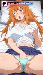 1girl 1girls 2026 ai_generated artist_name bed bed_sheet blue_panties blush boobs breasts bust chest electroworld fingering futon gamo-chan grabbing hand_in_panties hi_res high_quality high_resolution highres laying_down legs_apart legs_spread long_hair lying lying_on_back masturbation navel on_back on_bed open_legs open_mouth orange_hair panties panty_pull patreon patreon_username pillow please_don't_bully_me,_nagatoro pussy_juice self_fondle shirt skirt splayed_legs spread_legs stable_diffusion sweat tissue_box tits underwear watermark