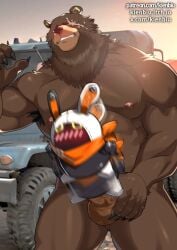 1boy 1other abs animal_ears arm_up armpit_hair armpits artist_name bangboo_(zenless_zone_zero) bara bear_boy bear_ears ben_bigger biceps blush brown_fur chain chain_necklace claws clenched_teeth commentary completely_nude english_commentary eous_(zenless_zone_zero) erection furry furry_male itch.io_username jewelry kienbiu muscular muscular_male navel neckerchief necklace nipples non-humanoid_robot nude orange_neckerchief patreon_username pectorals penis robot scar scar_across_eye scar_on_face teeth testicles twitter_username zenless_zone_zero