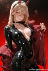1girl ai_generated black_bodysuit black_choker blonde_hair blush bodysuit breasts chainsaw_man choker cleavage collarbone covered_navel cowboy_shot cross-shaped_pupils demon_horns grin hair_between_eyes hairband horns jacket kermixx latex latex_bodysuit long_hair looking_at_viewer medium_breasts open_clothes orange_eyes patreon_username power_(chainsaw_man) red_background red_horns sharp_teeth shiny shiny_clothes shiny_skin skin_tight smile solo sweat symbol-shaped_pupils teeth unzipped zipper