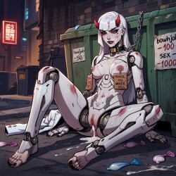 1girl ? a after ai_generated alley an and android arm arms as ass back beaten body breasts bruise bruised bruises chain chained clothing collar concrete condom condoms cum cum_on_mouth cumdump cyborg dirty dumpster eyebrows eyelashes eyes face falewii female floor focus girl ground hair half-closed horns jacket joints leash leg legs like mechanical nipple nipples object on oni outdoors outside pierced piercing price pricelist prostitute prostitution pussy rape robot robotic scratches sex sitting slut slutty spread toy used vaginal white whore