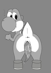 1boy ? anonymous anus ass big_butt big_eyes blue_eyes blush clothing cum dinosaur footwear full_body green_body greyscale lizard looking_back male male_only mario_(series) monochrome nintendo penis precum presenting reptile rhuanfps scale scalie shoes simple_background slit solo standing tail tumblr video_games white_body yoshi