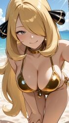 1girls ai_generated beach bent_over bikini blonde blonde_female blonde_hair breasts creatures_(company) cynthia_(pokemon) female female_only game_freak gold_bikini golden_bikini leaning_forward light-skinned_female light_skin nintendo outdoors point_of_view pokemon pokemon_bdsp pokemon_dppt pov self_upload smiling smiling_at_viewer solo solo_female