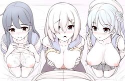 3girls black_legwear blush breasts cum cum_on_body cum_on_breasts cum_on_upper_body double_bun female from_above full-face_blush gloves hair_ornament hair_over_one_eye hairclip hamakaze_(kantai_collection) hat inverted_nipples kantai_collection kneeling large_breasts male multiple_girls nipples open_clothes open_mouth open_shirt paizuri pantyhose penis pleated_skirt pubic_hair shirt_lift skirt straight tears uni8 urakaze_(kantai_collection) ushio_(kantai_collection)