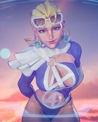 1girls 3d armpits ass beach big_ass bikini blonde_hair boob_window cleavage female female_only invisible_woman invisible_woman_(azure_shade) invisible_woman_(marvel_rivals) marvel marvel_rivals milf smile sue_storm swimsuit thick_thighs thighs